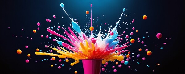 Colorful splashes erupt from a container in artistic display during a dynamic creative photography session in a dark studio