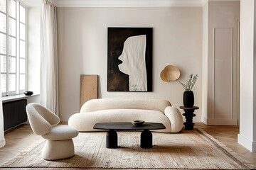 Minimalist, japandi style interior design of modern living room. Stylish sofa and accent armchair.