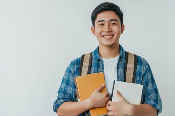 a young Asian student smiles at the camera while hugging books and carrying a backpack. His expression reflects confidence and excitement, capturing the essence of academic life and student enthusiasm