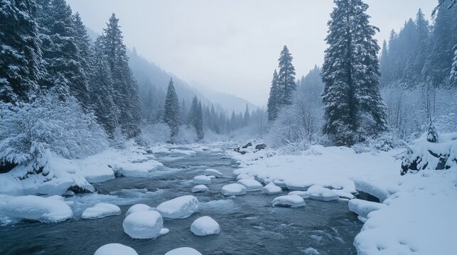 Snow-covered riverbed with ice-covered rocks and tall evergreens creating a tranquil and pristine winter landscape under a soft grey sky