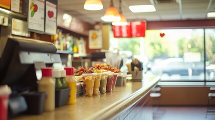 A restaurant counter displaying condiments and food items with a bright, inviting atmosphere.