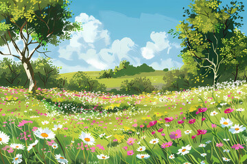 Illustration of a flower meadow in spring