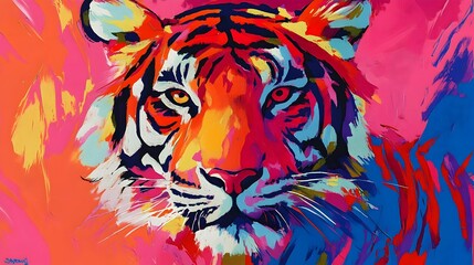 Vibrant Pop Art Tiger Portrait with Bold Colors and Dynamic Composition