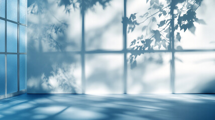 Soft sunlight casting tree shadows on a serene blue wall in a quiet room during the day