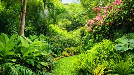 Fototapeta premium Serene Lush Botanical Garden with Diverse Green Foliage and Blooming Flowers, Natural and Tranquil Setting