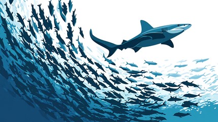 Naklejka premium A large shark swims above a school of fish in the ocean.