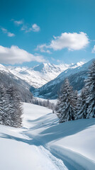 A background of snowy mountains at sunny days