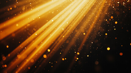 Golden light beams illuminate a dark background creating a warm and magical atmosphere