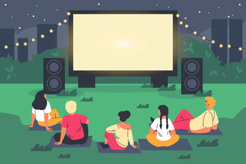People resting at lawn on the plaids and watching movie on big screen flat vector illustration, outdoor cinema at night