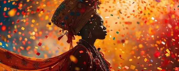 Woman in traditional attire celebrates amidst colorful confetti during a cultural festival at sunset, radiating joy and pride