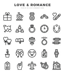 Vector icons set of Love & Romance. Lineal style Icons.