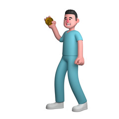 3D Professional Male Nurse Character. A male nurse is walking holding a coin with a currency symbol in his right hand. Healthcare Provider