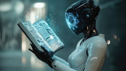 A powerful AI in a super-tight suit is creating a book. Cutting-edge technology.