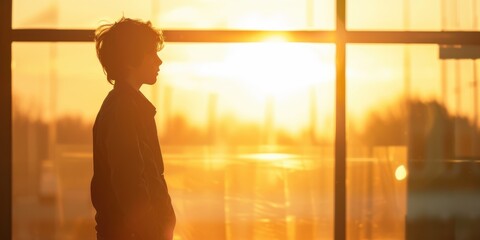 teenage boy standing with his hands in his pockets, silhouetted against a bright window or sunset being alone at home