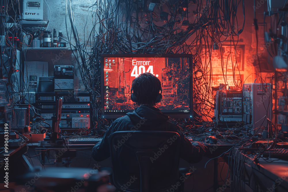 Poster a tech worker at a computer surrounded by endless wires and cables, struggling to untangle themselve