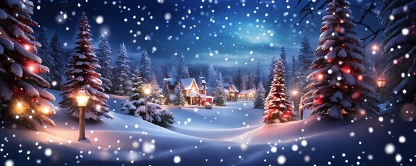 A serene winter evening with snow-covered houses and illuminated trees in a quiet snowy landscape