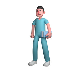 3D Male Health Expert. A male nurse is standing with a first aid kit in his left hand. Illustrated Nursing Character
