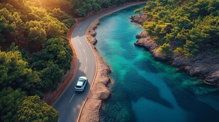 Aerial view of car driving along a coastal road near crystal clear waters Generative AI