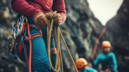 A climber grips a rope, showcasing gear on a rocky cliff while companions in helmets prepare for ascent.