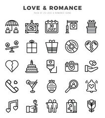 Set of Love & Romance Icons. Simple line art style icons pack.