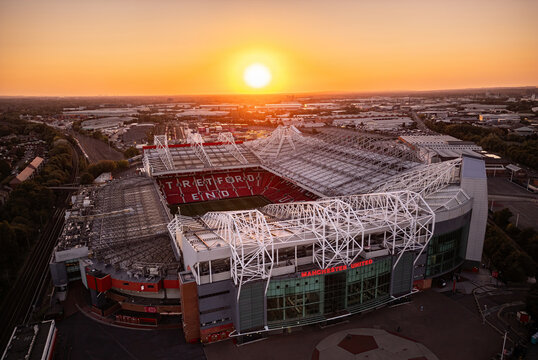 Aerial drone view of Manchester United Football Club Old Trafford Stadium. MANCHESTER, UK - SEPTEMBER 22, 2024