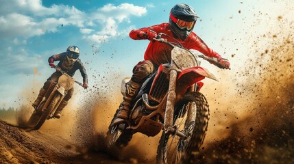 Obraz premium Two motocross riders speed through a dirt track, kicking up dust and demonstrating thrilling off-road action under a blue sky.