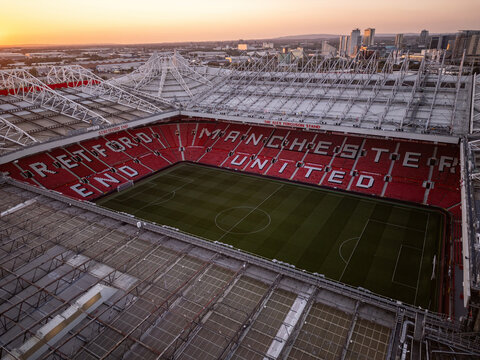 Aerial drone view of Manchester United Football Club Old Trafford Stadium. MANCHESTER, UK - SEPTEMBER 22, 2024