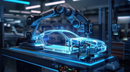 AI robot arm working in a smart factory, assembling a holographic car part, Industrial Techno, High-detail, Blue neon