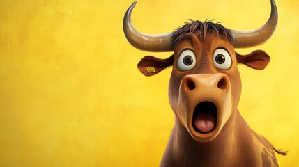 A cartoon bull with big eyes and an open mouth looking surprised against a yellow background.