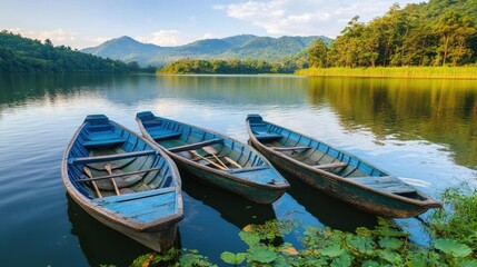 Obraz premium Traditional boats rowing in tranquil lake water surrounded by serene nature in the background