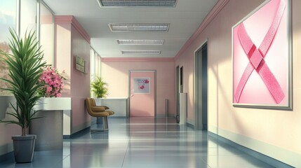 A serene hospital corridor with pink accents and plants, promoting health awareness.