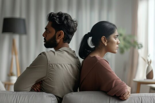In a cozy living room, a young Indian couple sits back to back on the couch, visibly hurt and distant after a quarrel, reflecting on their strained relationship.
