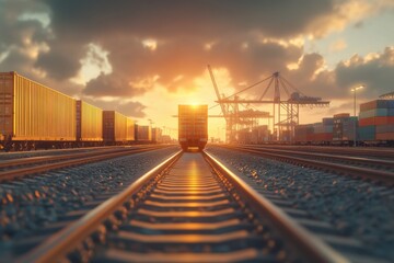 Logistics port train on tracks with cranes