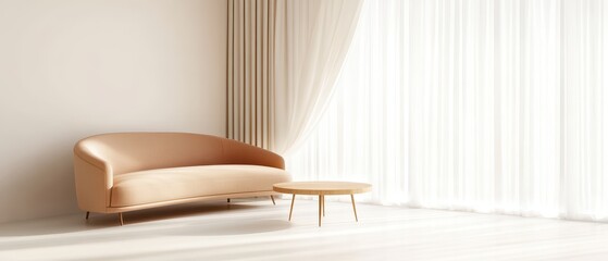 A tan couch is in a room with white walls and a white curtain