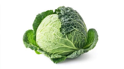 Fototapeta premium A whole head of fresh green savoy cabbage with tightly curled leaves, isolated on a white background.