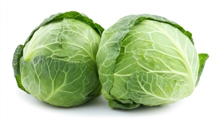Two fresh green cabbages isolated on white background.
