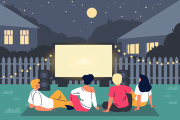 People resting at lawn on the blanket and watching movie on big screen at house backyard, vector outdoor cinema at night
