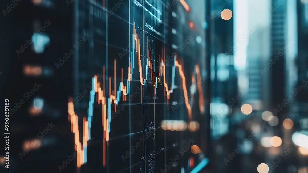 Poster close-up of a stock market graph on a screen with a blurred city skyline in the background.