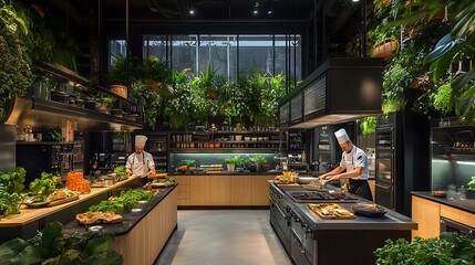 Modern Minimalist Kitchen Room with Wooden Table, luxurious Interior Design, Furniture with Background