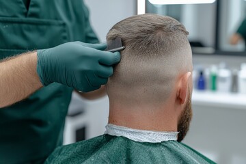 A man with a salt-and-pepper beard gets a haircut at a barbershop, focusing on precise grooming and care for his hair and beard.