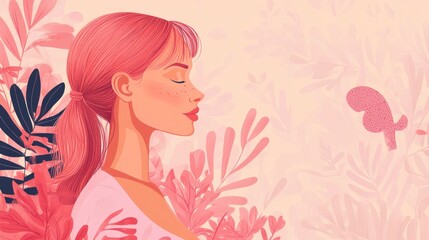 Fototapeta premium A serene illustration of a woman surrounded by pink foliage, evoking tranquility and beauty.