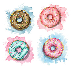 Set with various multicolor round donuts with glaze and topping on colorful stains background. Watercolor hand drawn illustration