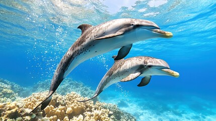 Obraz premium Dolphins Swimming in Clear Ocean Water