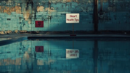 Obraz premium A serene indoor pool with a sign offering heart health tips reflected in the water.