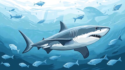 Fototapeta premium A large great white shark swims through a school of fish in the ocean.