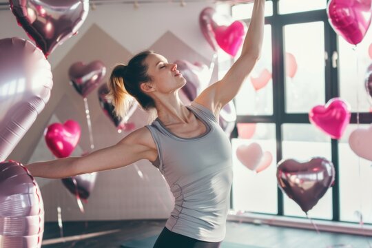 A young woman elegantly stretches in a sunlit room adorned with heart-shaped balloons, embracing a healthy lifestyle and the spirit of self-love this Valentines Day.