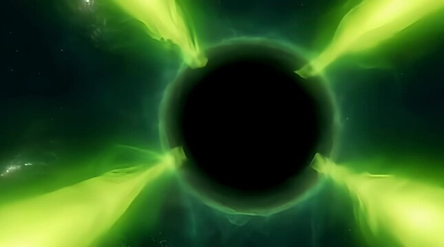 A rotating black hole emitting powerful gamma-ray bursts from its poles, creating a cosmic light show with distorted space in a 3D animated sequence. Generative AI