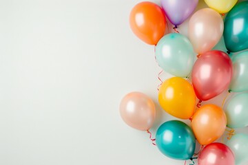 A vibrant collection of multicolored balloons fills the corner of a bright white backdrop, setting a cheerful tone for party decorations and joyful celebrations.