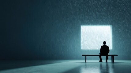 Obraz premium A contemplative figure sits alone on a bench, gazing at a bright window amidst falling rain, evoking solitude and reflection.