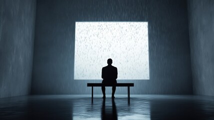 A contemplative figure sits alone in a dark room, gazing at a large screen filled with shifting patterns and rain.